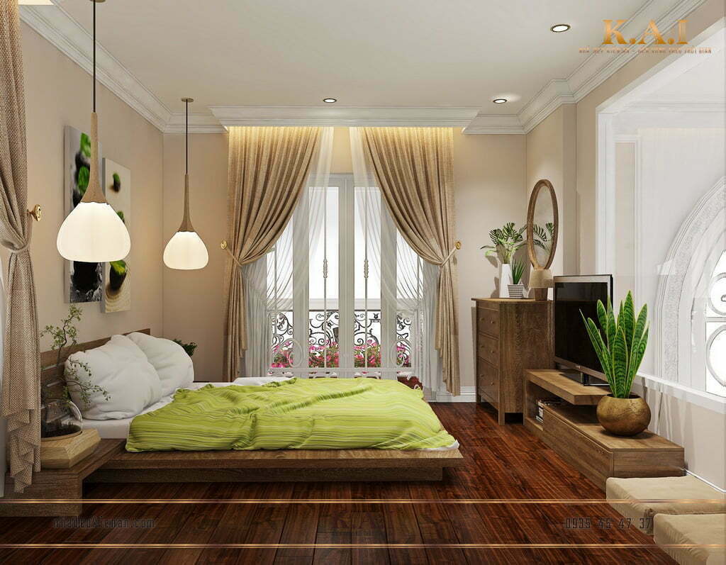 Thiết kế phòng ngủ xanh lá có giường tầng
